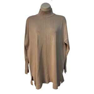 Anne Klein Tan Mock Neck Sweater Gold Button Detail Side Slits Large